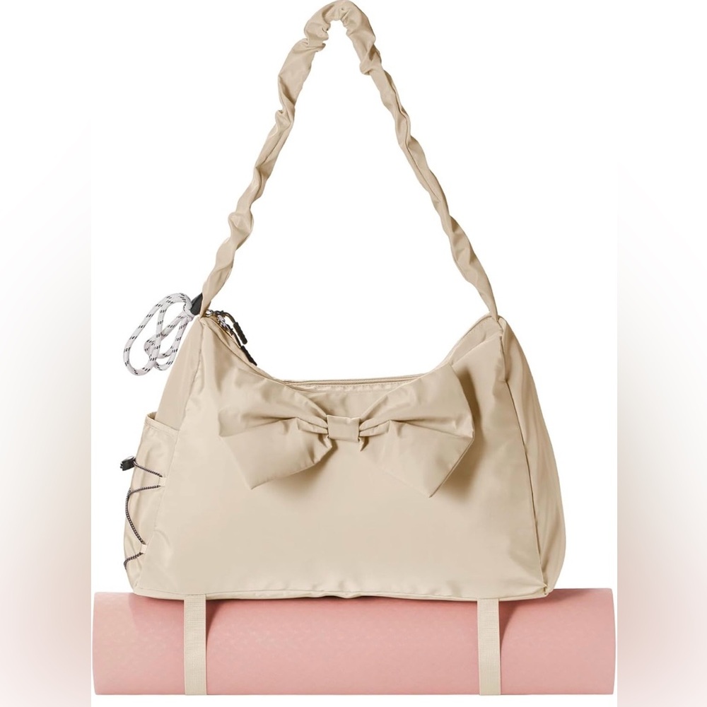 Cream Bow Accent Women Travel/Gym Bag w Yoga mat holder on bottom